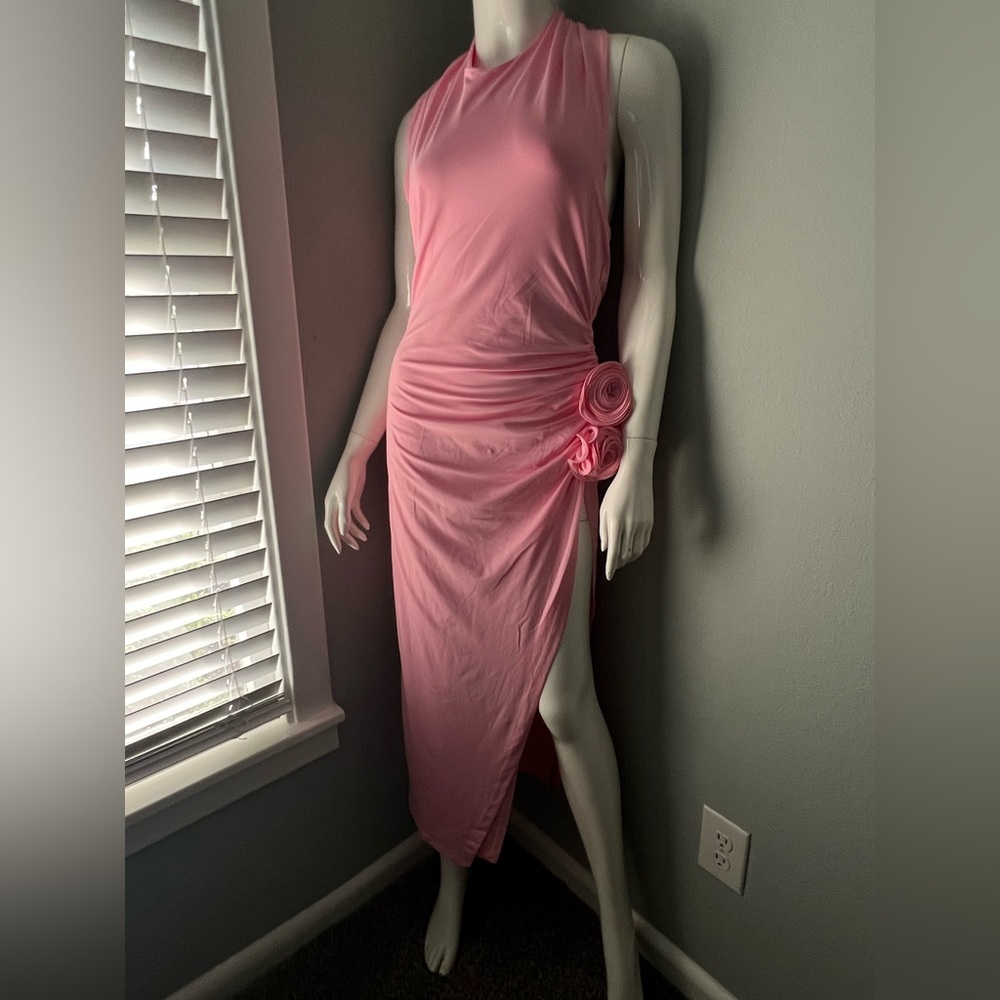 Chic One Shoulder Pink Dress with Floral Detail